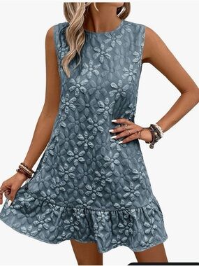Sleeveless Floral Embroidered blue Mini Dress